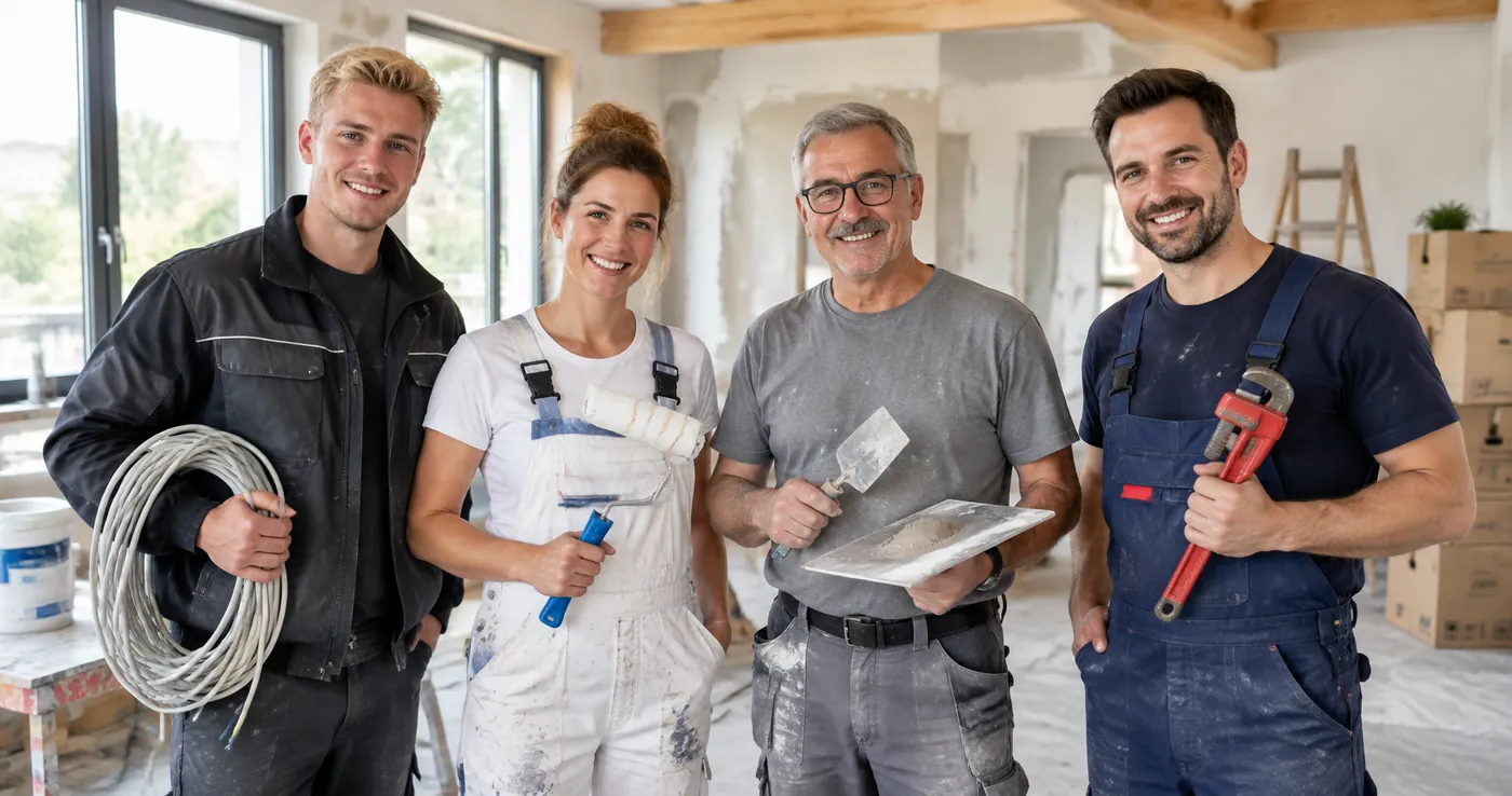 Handwerkerteam: Elektriker, Malerin, Stuckateur und Klempner auf einer Baustelle