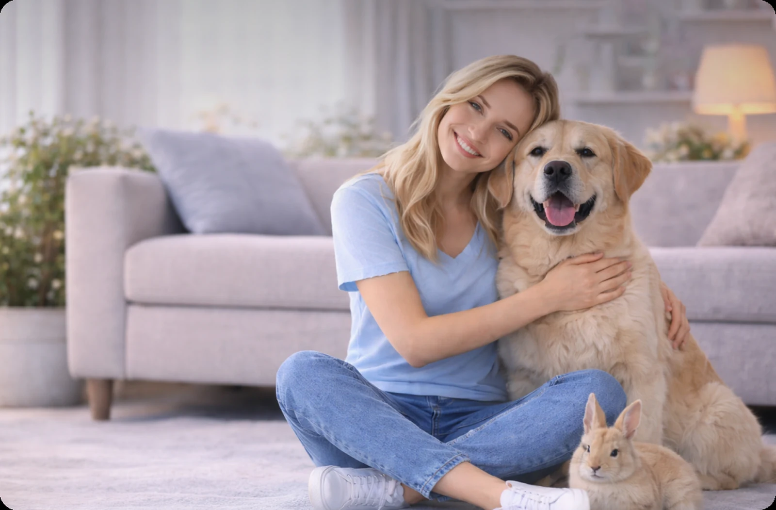 Frau sitzt lächelnd mit Hund und Kaninchen auf dem Boden